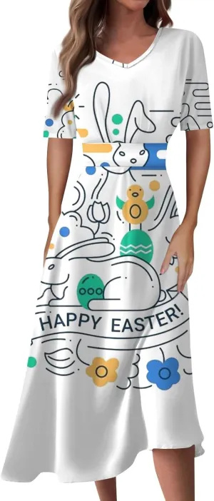 Easter Dress for Women Long Hem Short Sleeve Maxi Easter Bunny Outdoor Activities Cocktail Dresses Sweet Fairy Tale Clothes