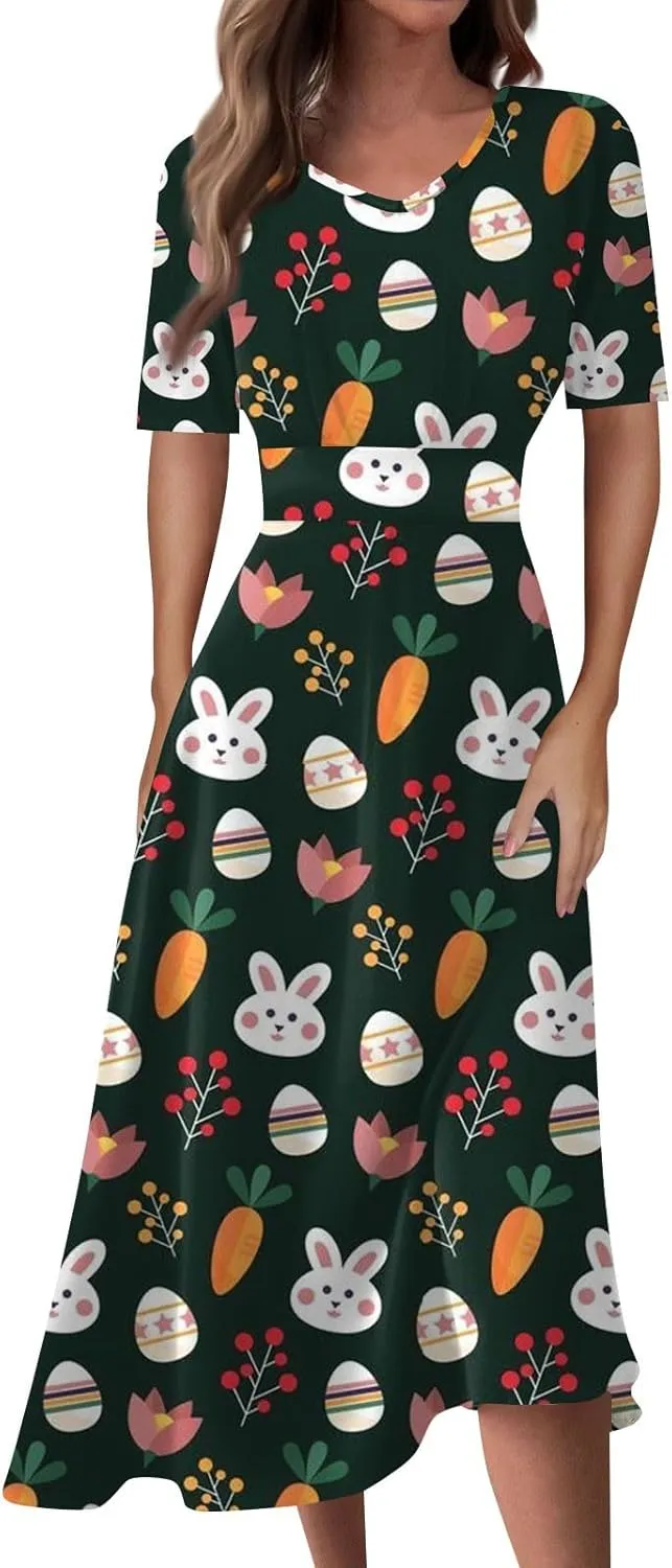 Easter Dress for Women Long Hem Short Sleeve Maxi Easter Bunny Outdoor Activities Cocktail Dresses Sweet Fairy Tale Clothes