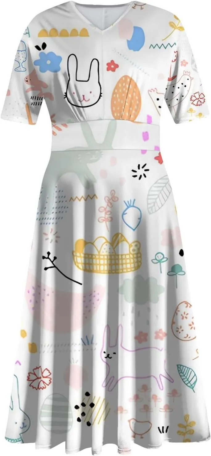 Easter Dress for Women Long Hem Short Sleeve Maxi Easter Bunny Outdoor Activities Cocktail Dresses Sweet Fairy Tale Clothes