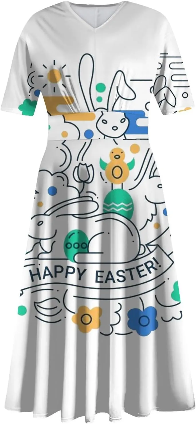 Easter Dress for Women Long Hem Short Sleeve Maxi Easter Bunny Outdoor Activities Cocktail Dresses Sweet Fairy Tale Clothes
