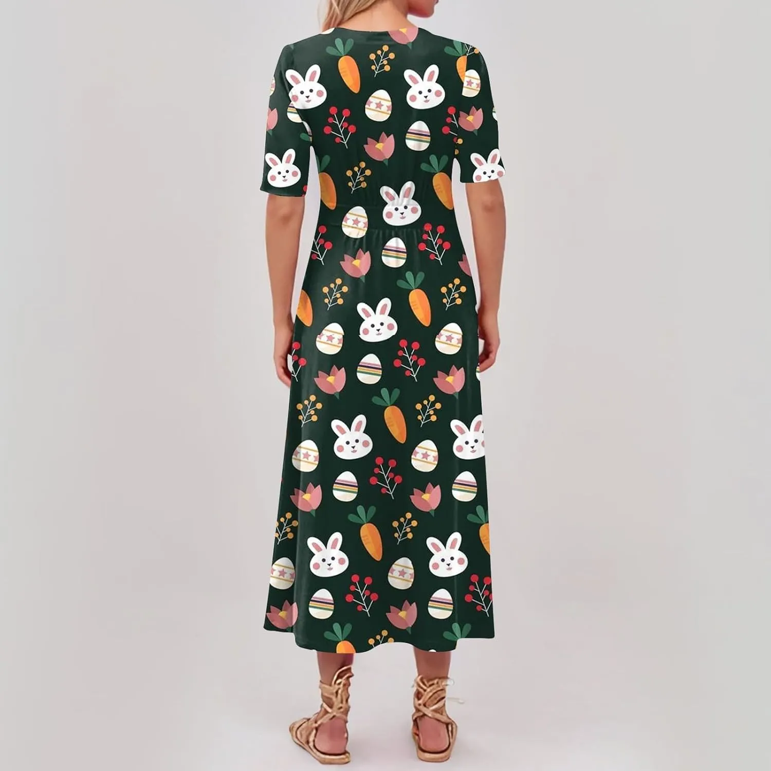 Easter Dress for Women Long Hem Short Sleeve Maxi Easter Bunny Outdoor Activities Cocktail Dresses Sweet Fairy Tale Clothes
