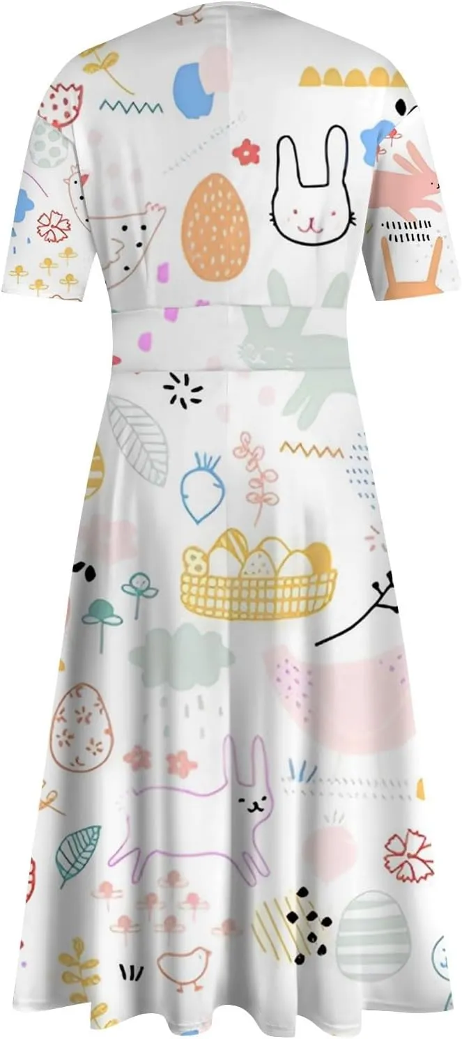 Easter Dress for Women Long Hem Short Sleeve Maxi Easter Bunny Outdoor Activities Cocktail Dresses Sweet Fairy Tale Clothes