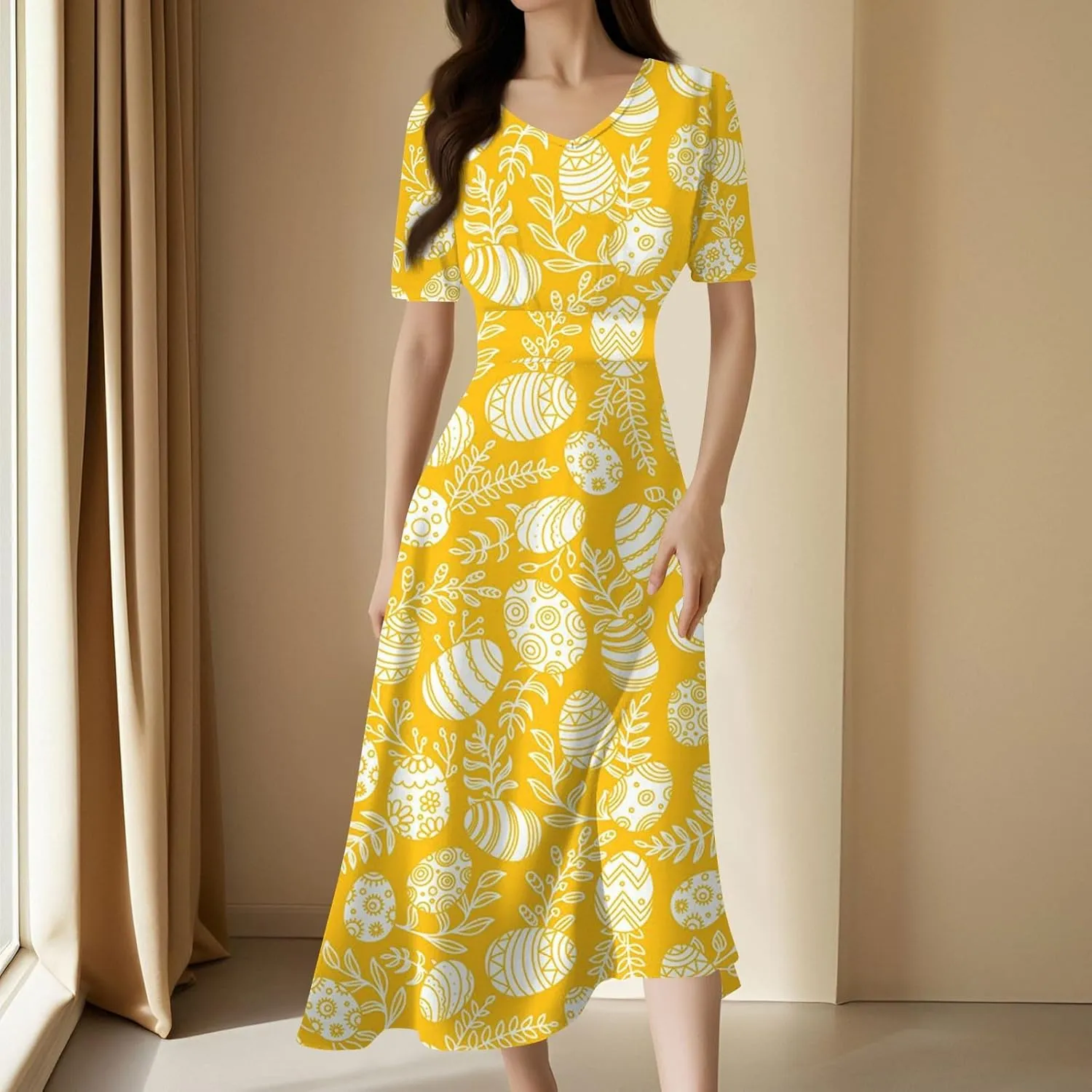 Easter Dress for Women Long Hem Short Sleeve Maxi Easter Bunny Outdoor Activities Cocktail Dresses Sweet Fairy Tale Clothes