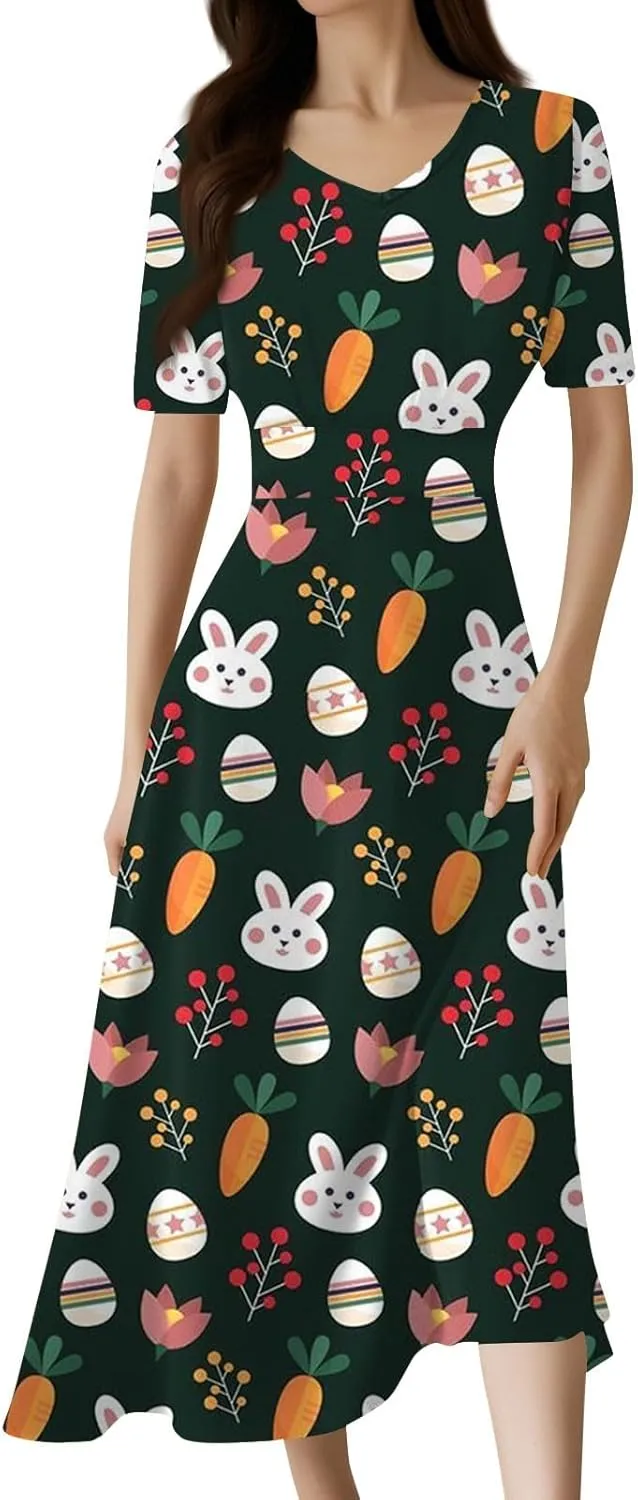 Easter Dress for Women Long Hem Short Sleeve Maxi Easter Bunny Outdoor Activities Cocktail Dresses Sweet Fairy Tale Clothes
