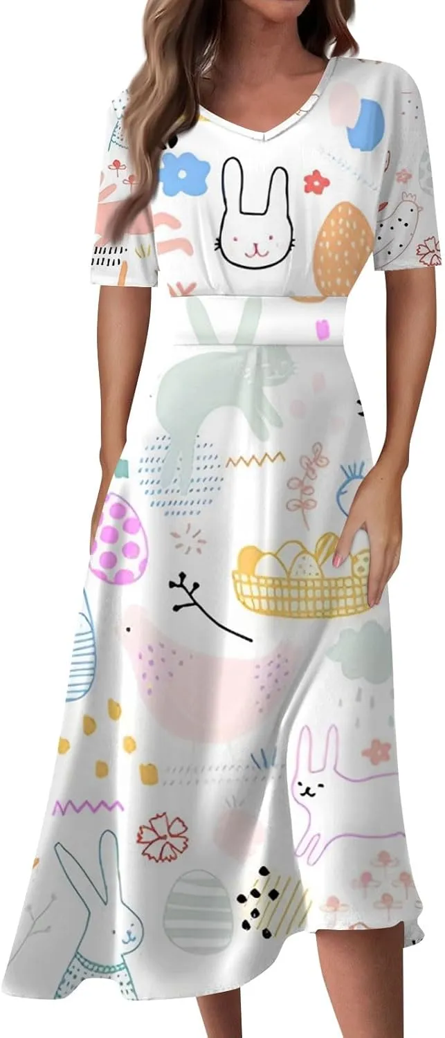 Easter Dress for Women Long Hem Short Sleeve Maxi Easter Bunny Outdoor Activities Cocktail Dresses Sweet Fairy Tale Clothes