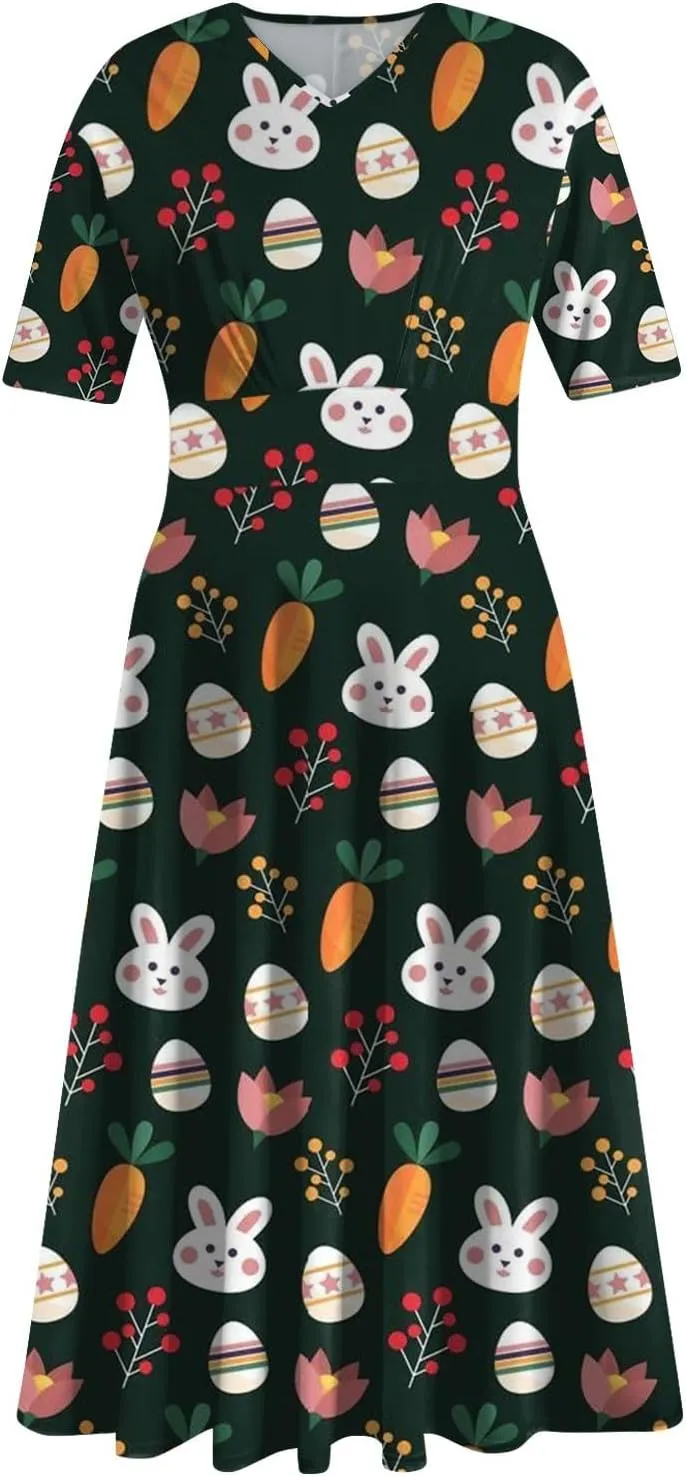 Easter Dress for Women Long Hem Short Sleeve Maxi Easter Bunny Outdoor Activities Cocktail Dresses Sweet Fairy Tale Clothes