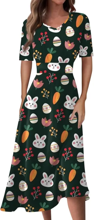 Easter Dress for Women Long Hem Short Sleeve Maxi Easter Bunny Outdoor Activities Cocktail Dresses Sweet Fairy Tale Clothes