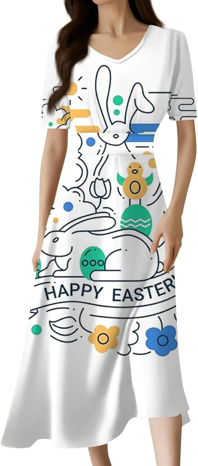 Easter Dress for Women Long Hem Short Sleeve Maxi Easter Bunny Outdoor Activities Cocktail Dresses Sweet Fairy Tale Clothes
