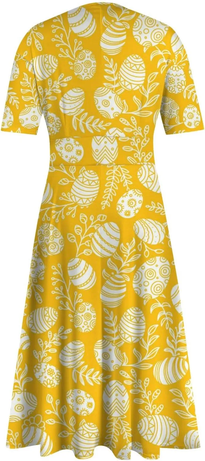 Easter Dress for Women Long Hem Short Sleeve Maxi Easter Bunny Outdoor Activities Cocktail Dresses Sweet Fairy Tale Clothes