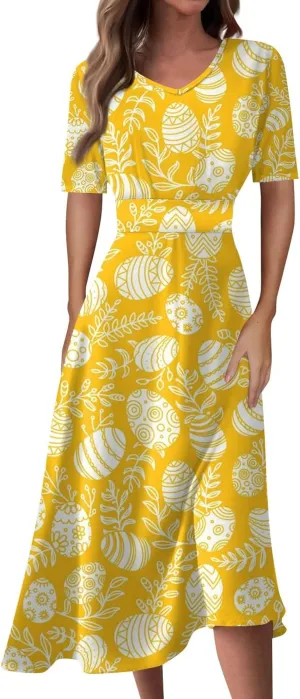 Easter Dress for Women Long Hem Short Sleeve Maxi Easter Bunny Outdoor Activities Cocktail Dresses Sweet Fairy Tale Clothes