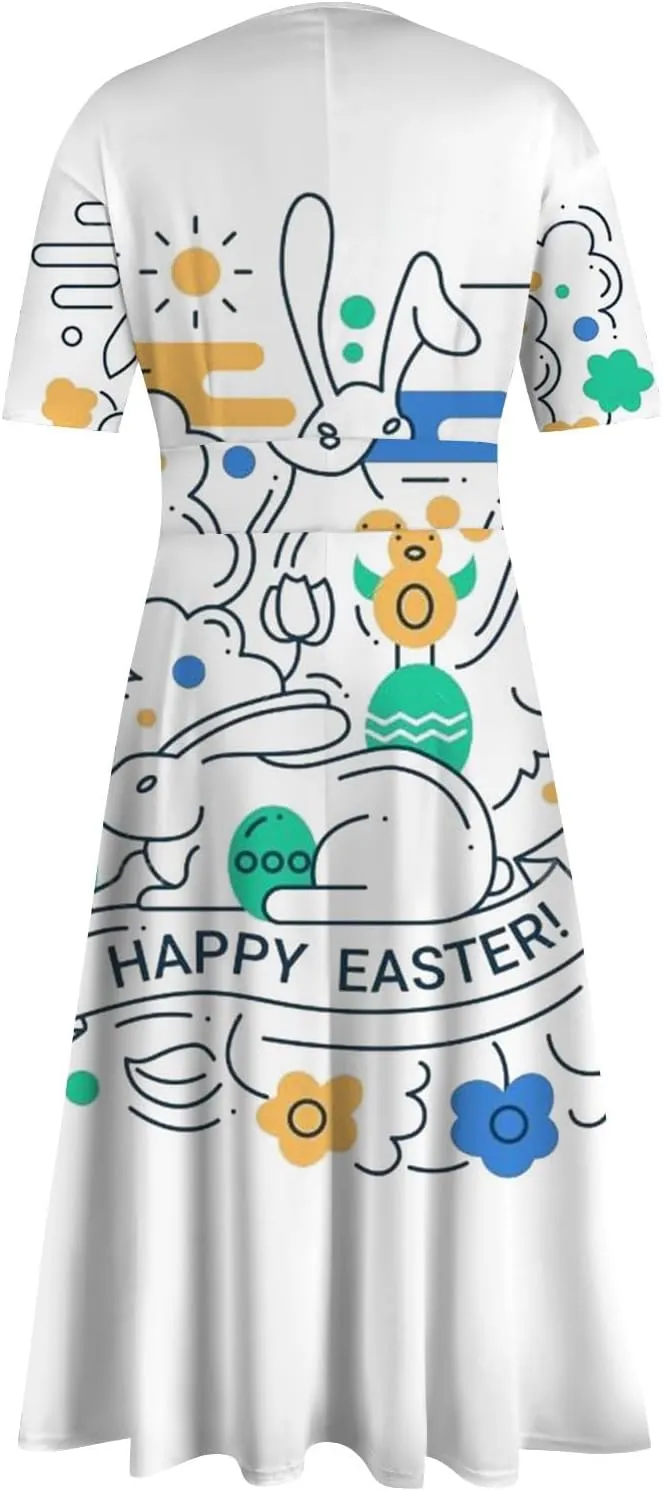 Easter Dress for Women Long Hem Short Sleeve Maxi Easter Bunny Outdoor Activities Cocktail Dresses Sweet Fairy Tale Clothes