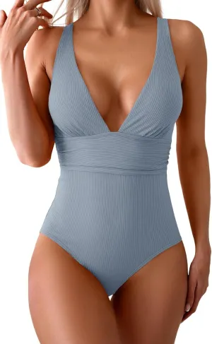 Eomenie Women's One Piece Swimsuit Tummy Control Bathing Suit V Neck Slimming 1 Piece Swimwear