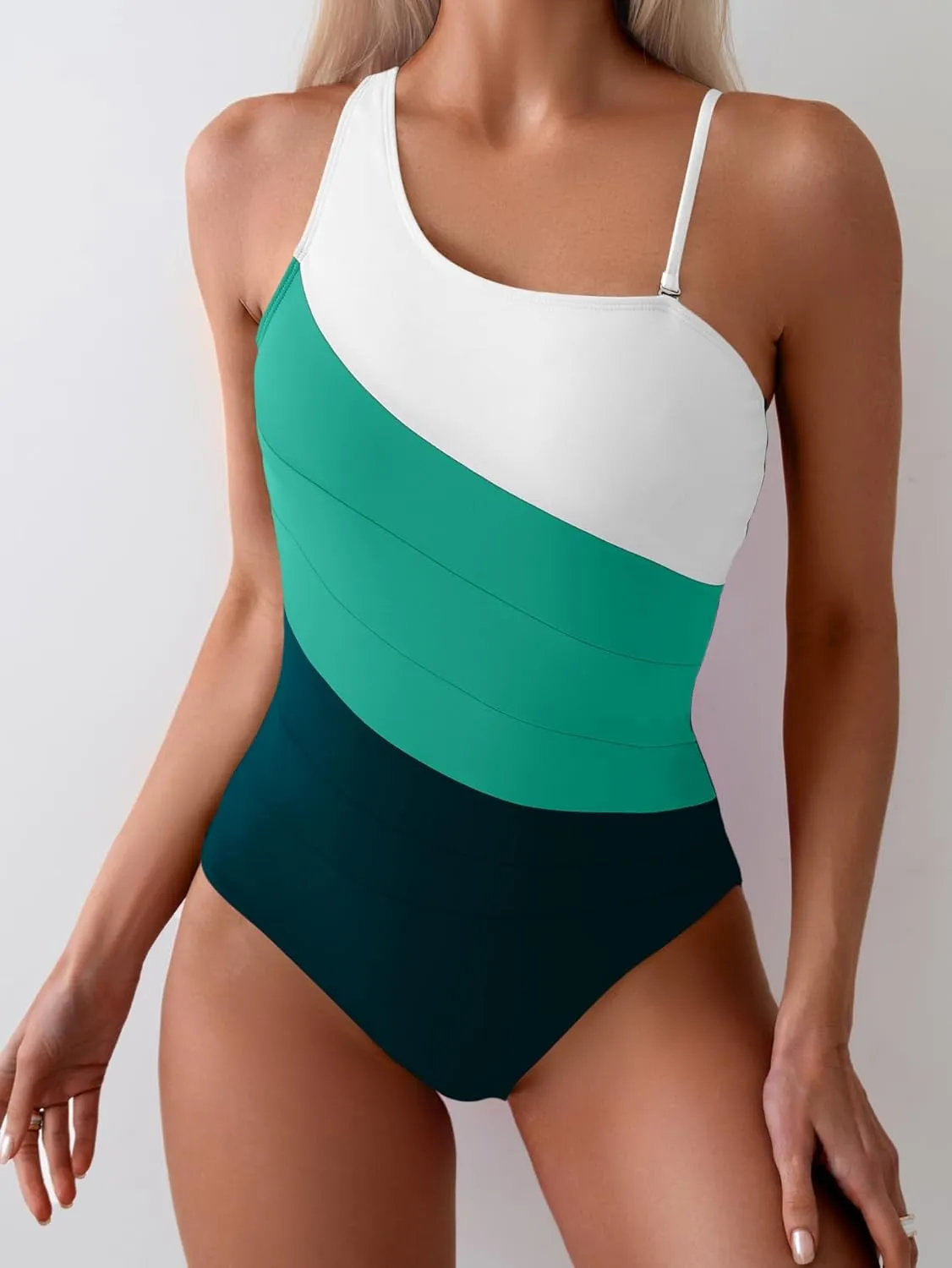 Eomenie Women's One Piece Tummy Control Swimsuit One Shoulder Bathing Suit Slimming Color Block Swimwear