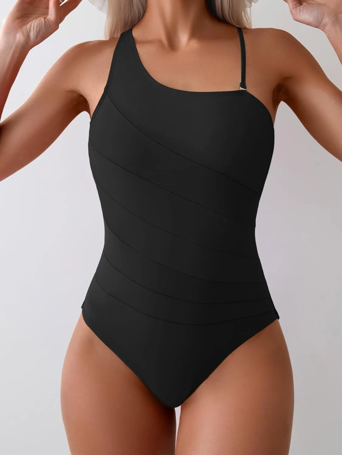 Eomenie Women's One Piece Tummy Control Swimsuit One Shoulder Bathing Suit Slimming Color Block Swimwear