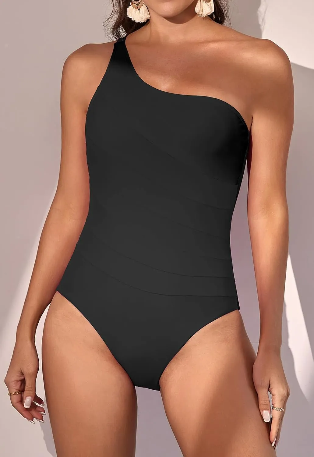 Eomenie Women's One Piece Tummy Control Swimsuit One Shoulder Bathing Suit Slimming Color Block Swimwear