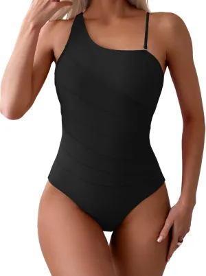 Eomenie Women's One Piece Tummy Control Swimsuit One Shoulder Bathing Suit Slimming Color Block Swimwear