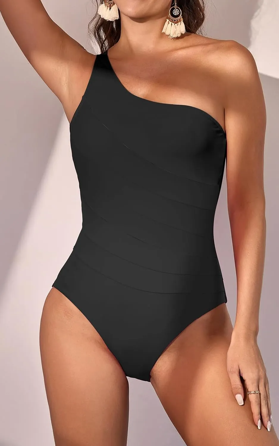 Eomenie Women's One Piece Tummy Control Swimsuit One Shoulder Bathing Suit Slimming Color Block Swimwear