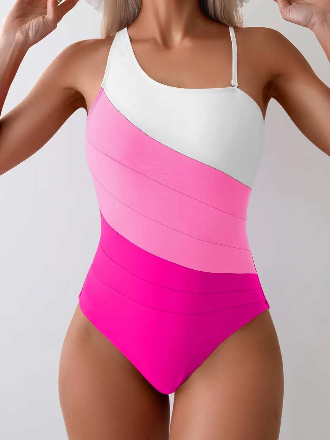 Eomenie Women's One Piece Tummy Control Swimsuit One Shoulder Bathing Suit Slimming Color Block Swimwear