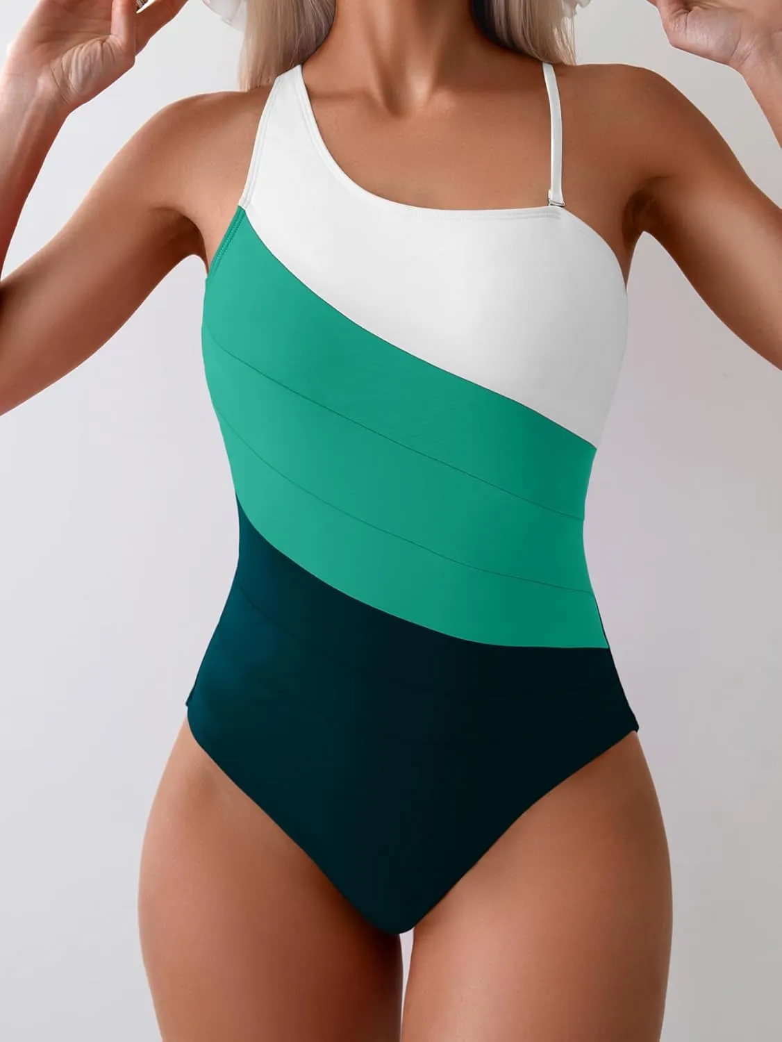 Eomenie Women's One Piece Tummy Control Swimsuit One Shoulder Bathing Suit Slimming Color Block Swimwear