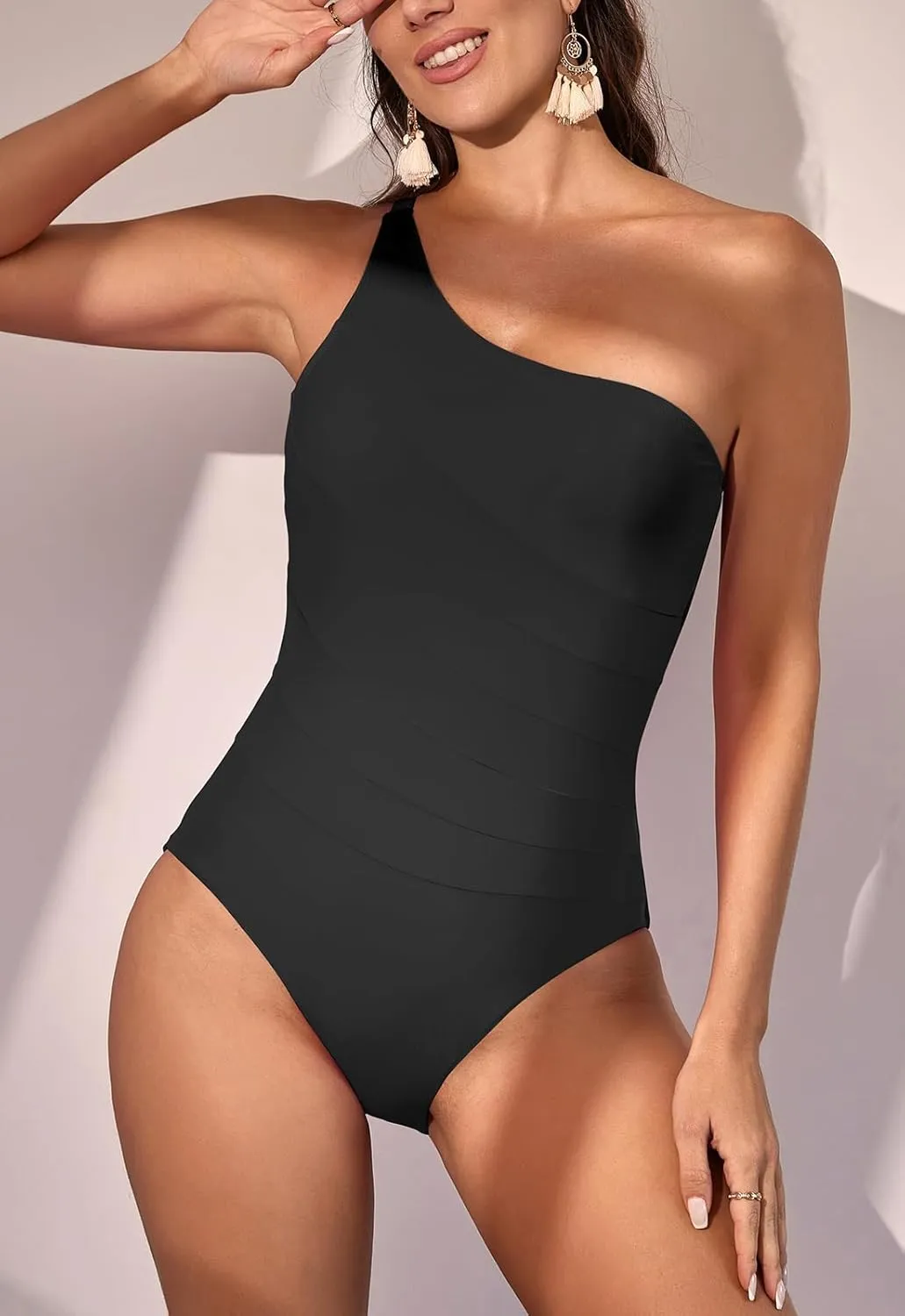 Eomenie Women's One Piece Tummy Control Swimsuit One Shoulder Bathing Suit Slimming Color Block Swimwear