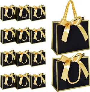 EQOREIIN 50 PCS Small Gift Bags with Handles,White Mini Bag, 5.5x 2.5x4.7 Inches Small Thank You Gift Bags Bulk with Ribbon for Party Favors,Mother's Day,Baby Shower, Goodie, Weddings(Black Gold)
