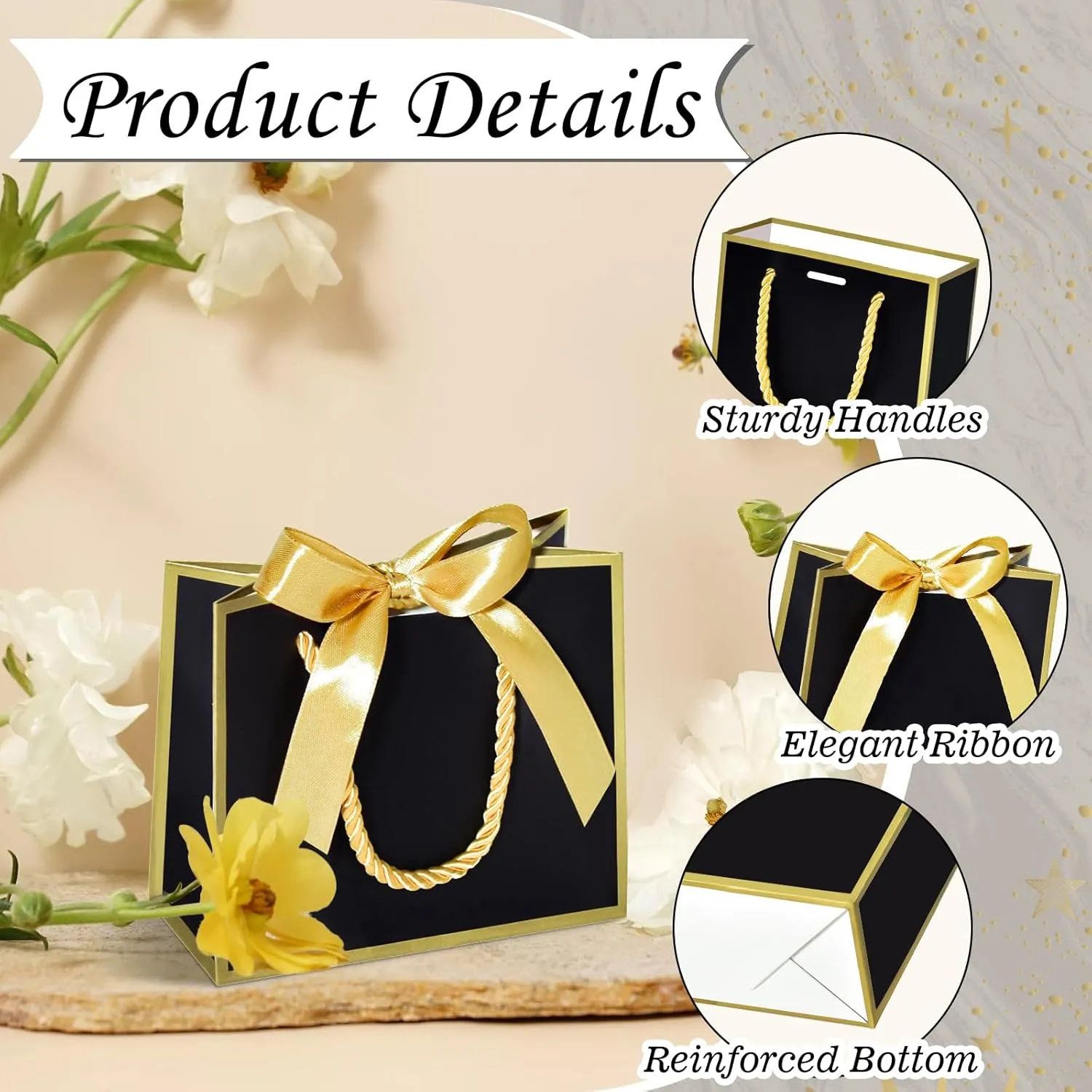 EQOREIIN 50 PCS Small Gift Bags with Handles,White Mini Bag, 5.5x 2.5x4.7 Inches Small Thank You Gift Bags Bulk with Ribbon for Party Favors,Mother's Day,Baby Shower, Goodie, Weddings(Black Gold)