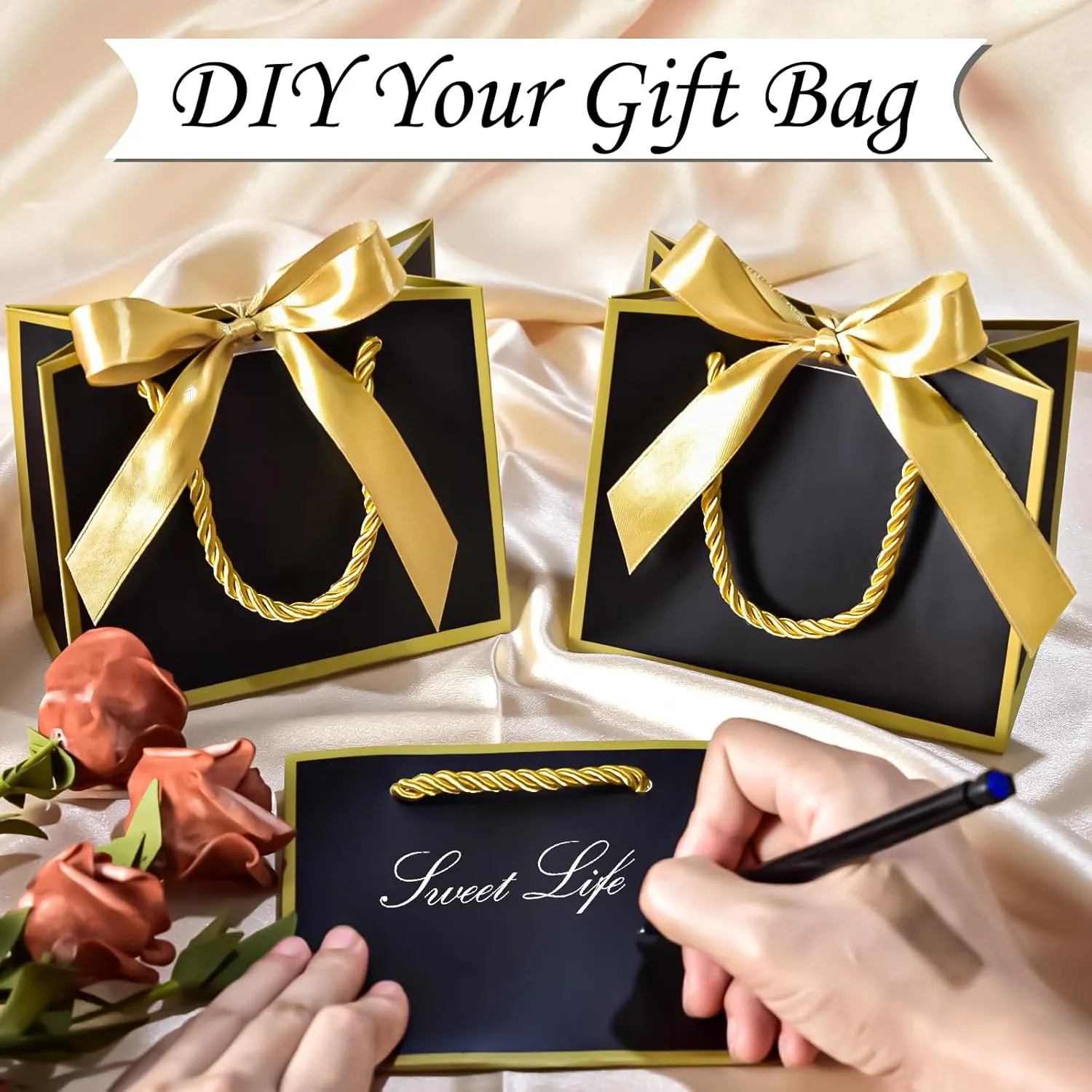 EQOREIIN 50 PCS Small Gift Bags with Handles,White Mini Bag, 5.5x 2.5x4.7 Inches Small Thank You Gift Bags Bulk with Ribbon for Party Favors,Mother's Day,Baby Shower, Goodie, Weddings(Black Gold)