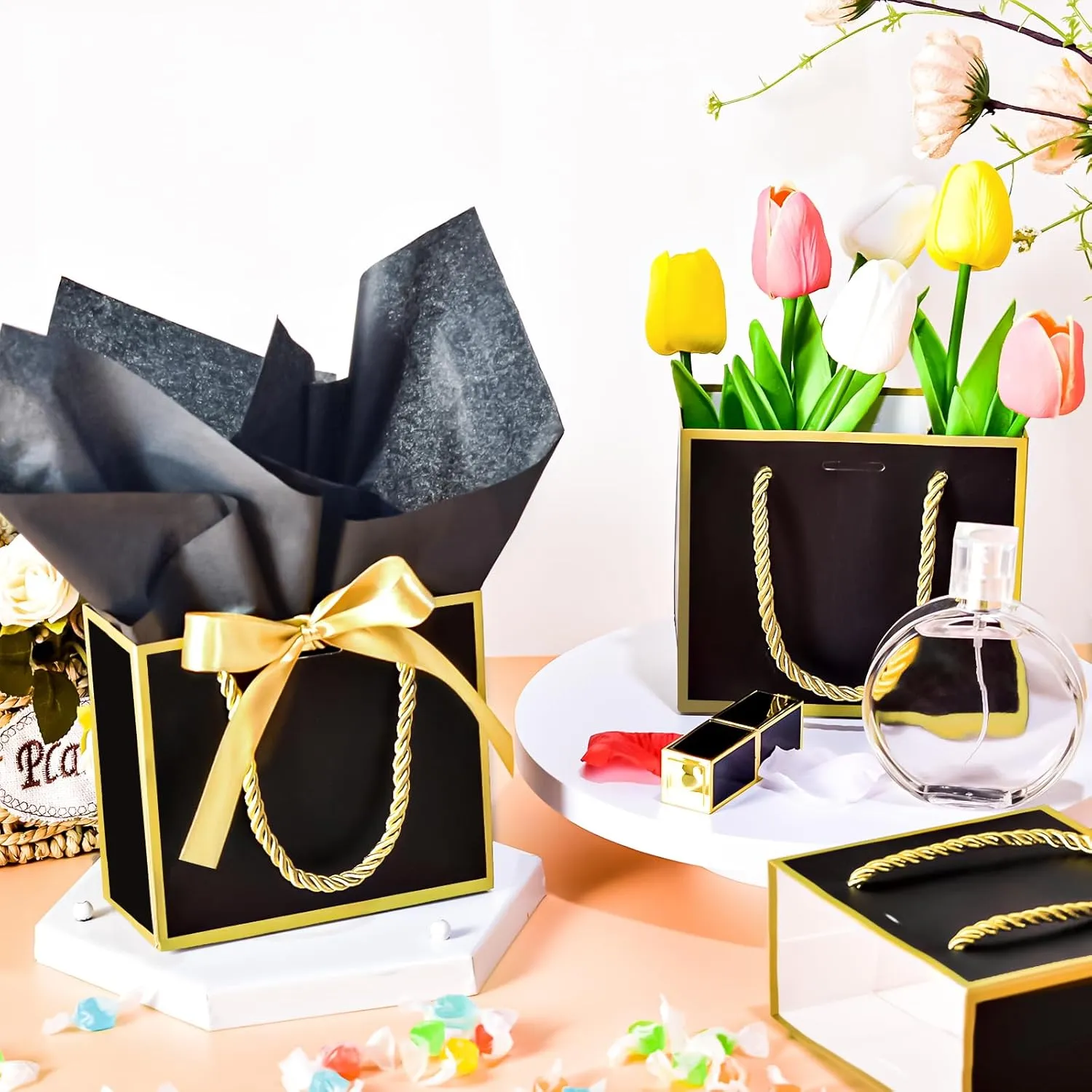 EQOREIIN 50 PCS Small Gift Bags with Handles,White Mini Bag, 5.5x 2.5x4.7 Inches Small Thank You Gift Bags Bulk with Ribbon for Party Favors,Mother's Day,Baby Shower, Goodie, Weddings(Black Gold)