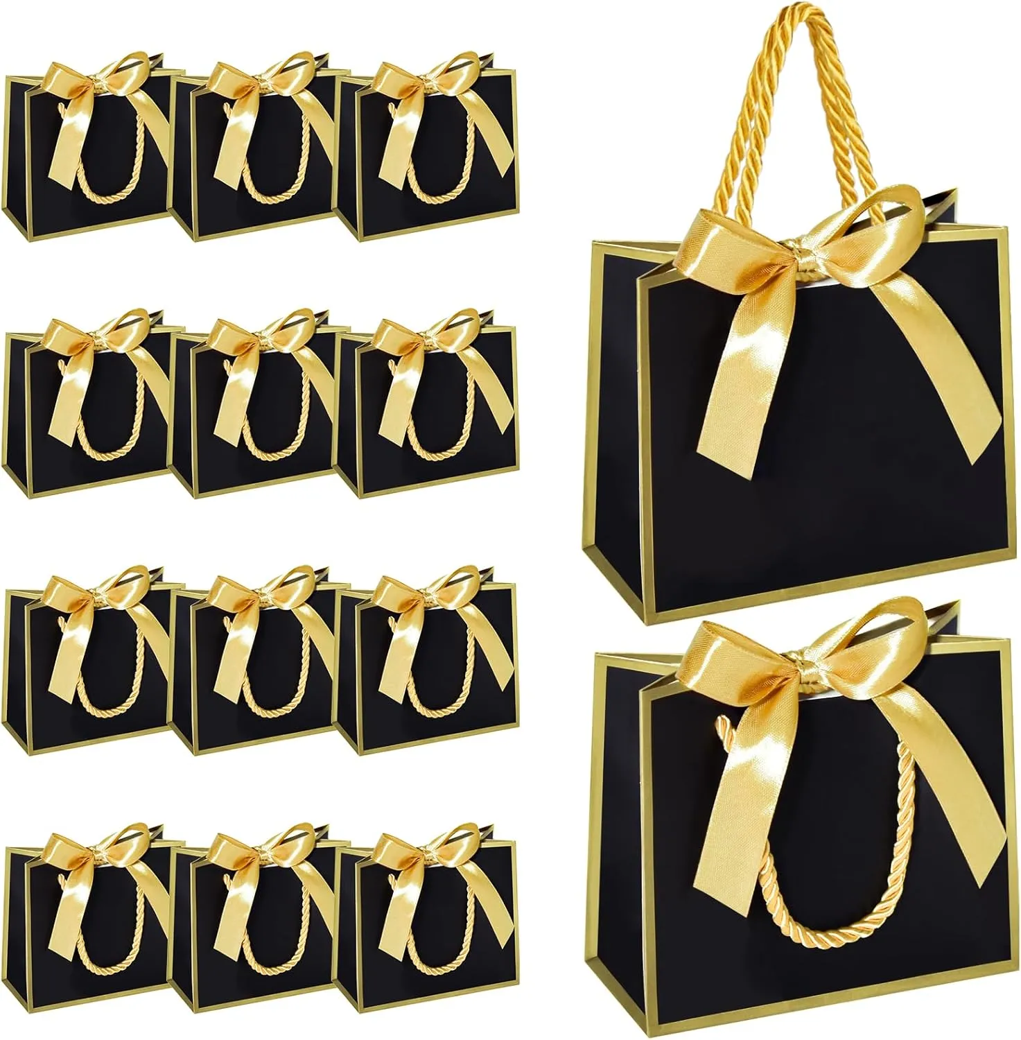 EQOREIIN 50 PCS Small Gift Bags with Handles,White Mini Bag, 5.5x 2.5x4.7 Inches Small Thank You Gift Bags Bulk with Ribbon for Party Favors,Mother's Day,Baby Shower, Goodie, Weddings(Black Gold)