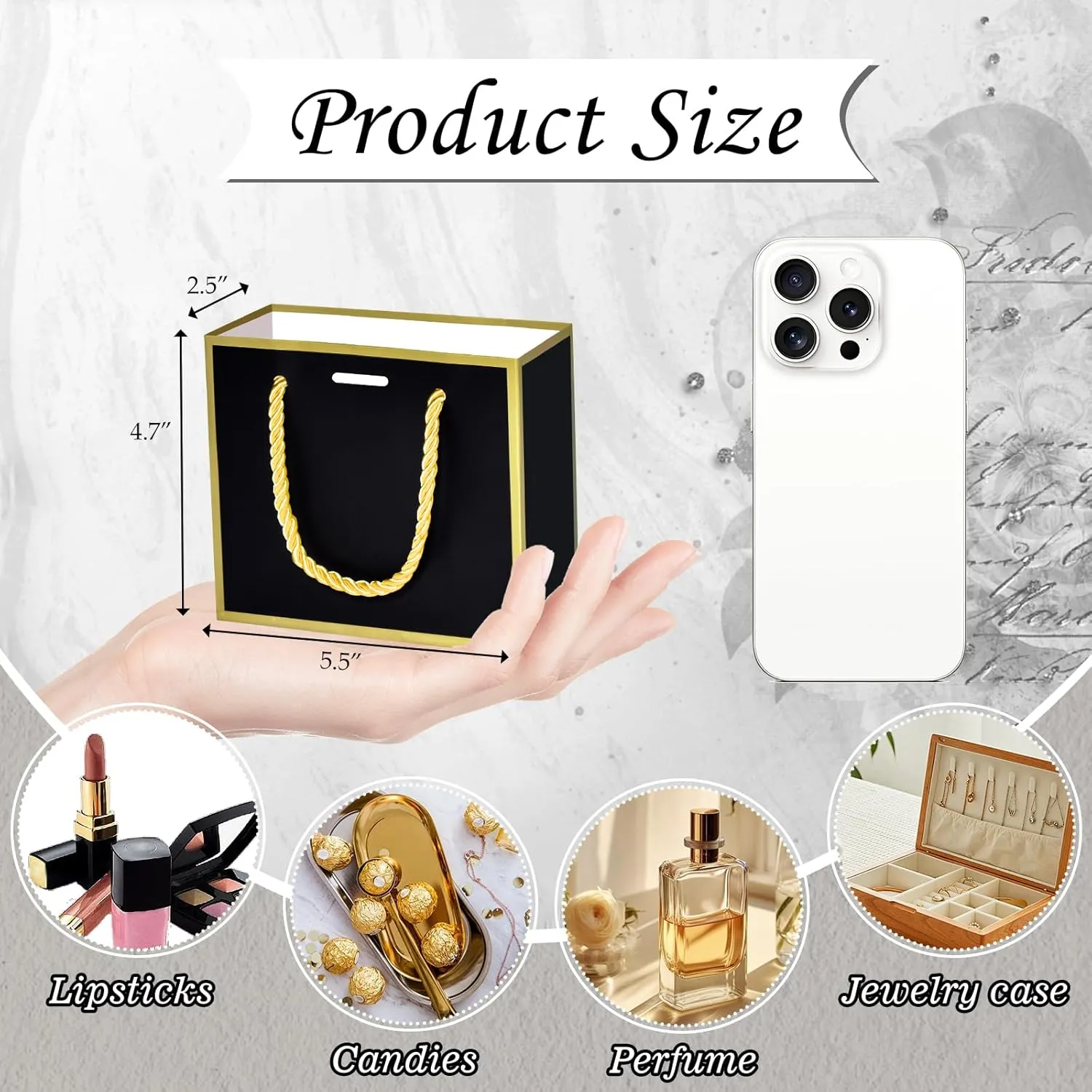 EQOREIIN 50 PCS Small Gift Bags with Handles,White Mini Bag, 5.5x 2.5x4.7 Inches Small Thank You Gift Bags Bulk with Ribbon for Party Favors,Mother's Day,Baby Shower, Goodie, Weddings(Black Gold)