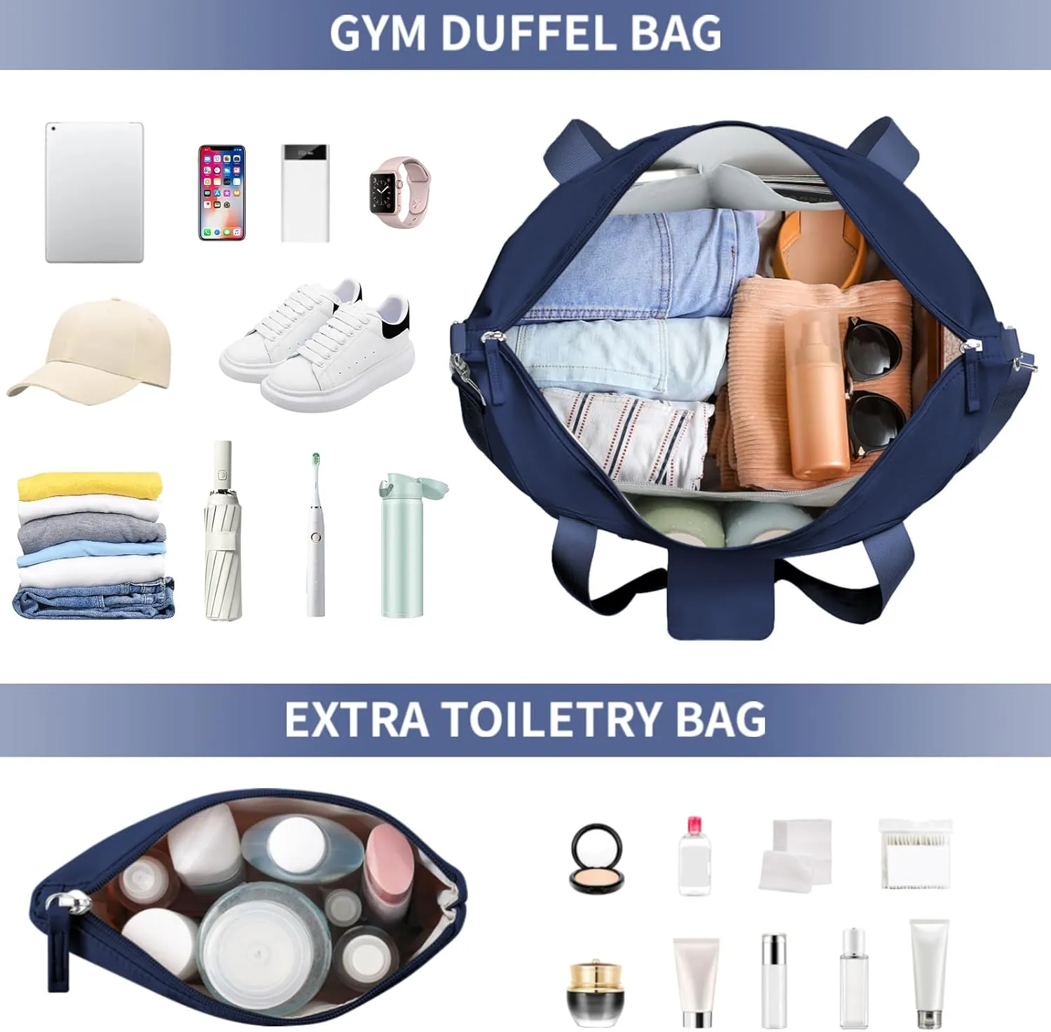 ETRONIK Gym Bag for Women, Travel Duffel Bag with USB Charging Port, Weekender Overnight Bag with Wet Pocket and Shoes Compartment for Women, Travel, Gym, Yoga (Dark Blue)