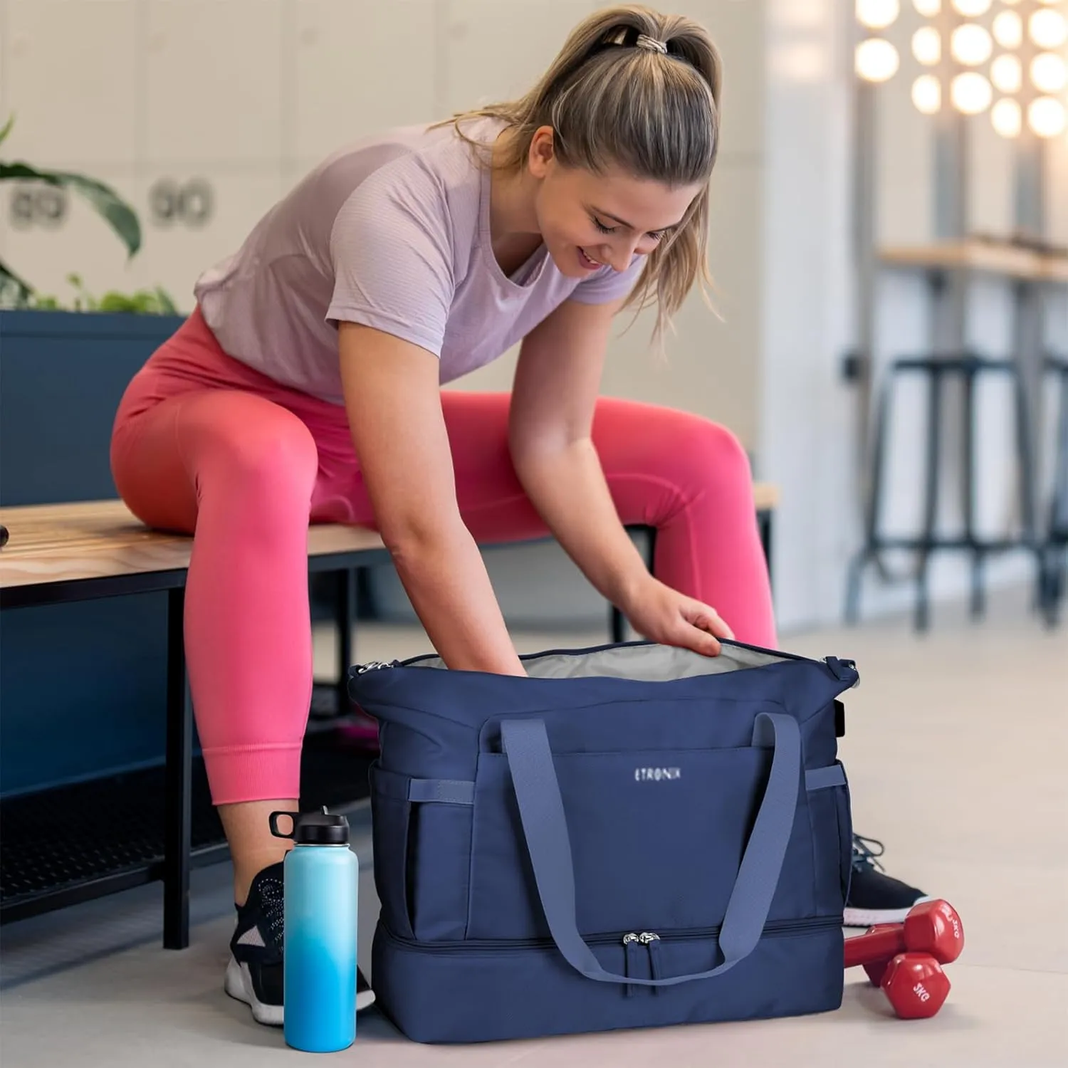 ETRONIK Gym Bag for Women, Travel Duffel Bag with USB Charging Port, Weekender Overnight Bag with Wet Pocket and Shoes Compartment for Women, Travel, Gym, Yoga (Dark Blue)