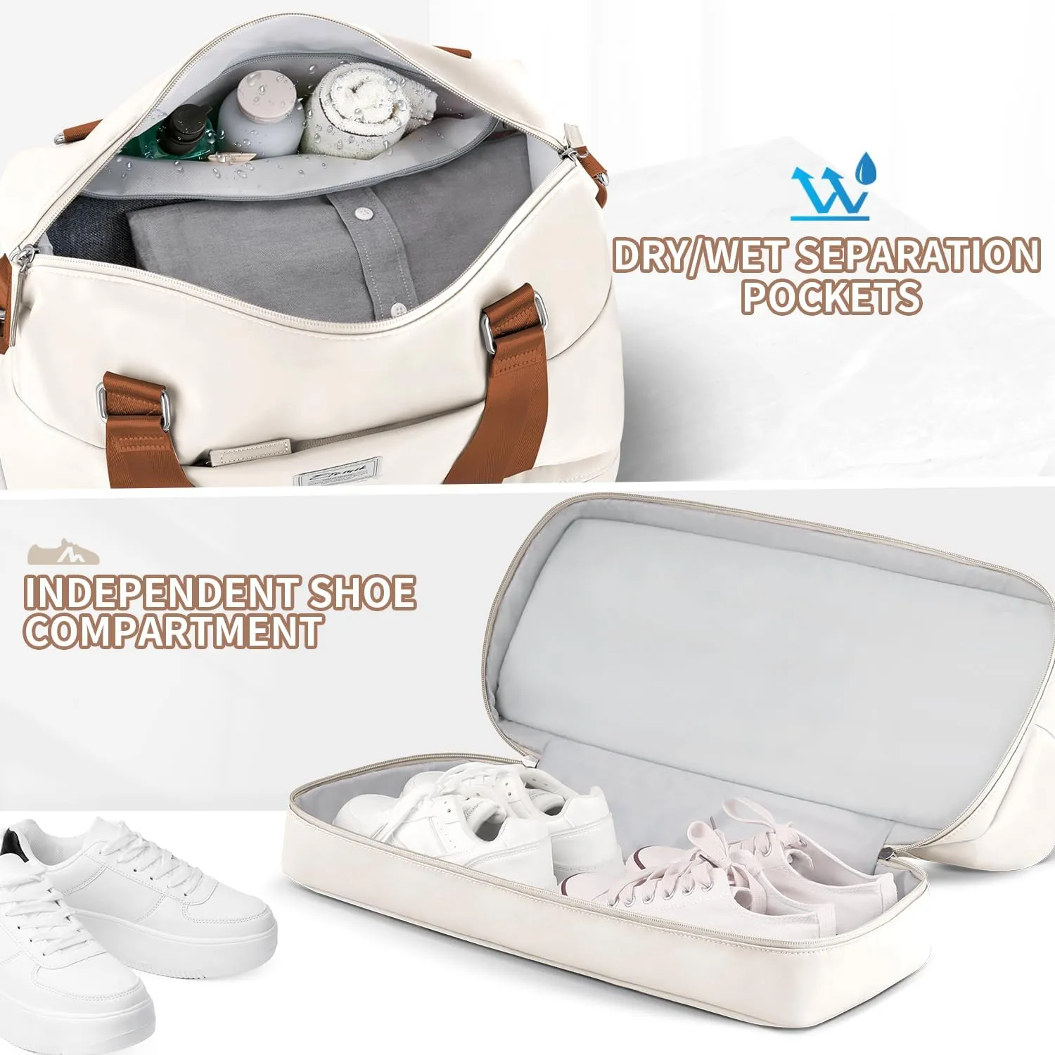 ETRONIK Weekender Bags for Women, Large Travel Bag with Shoes Compartment & Wet Pocket, Duffel Bag with Trolley Sleeve for Personal Item Travel, Overnight Carry on Bag, Beige, LXB023