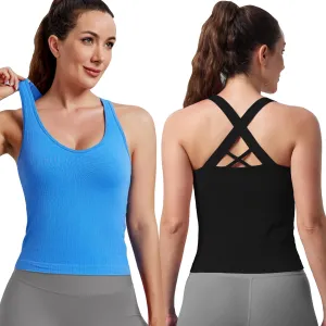 Evercute Workout Yoga Crop Tank Tops for Women 1/2/3 Pack Criss Cross Strappy Tops with Built in Bra Ribbed Seamless Tanks