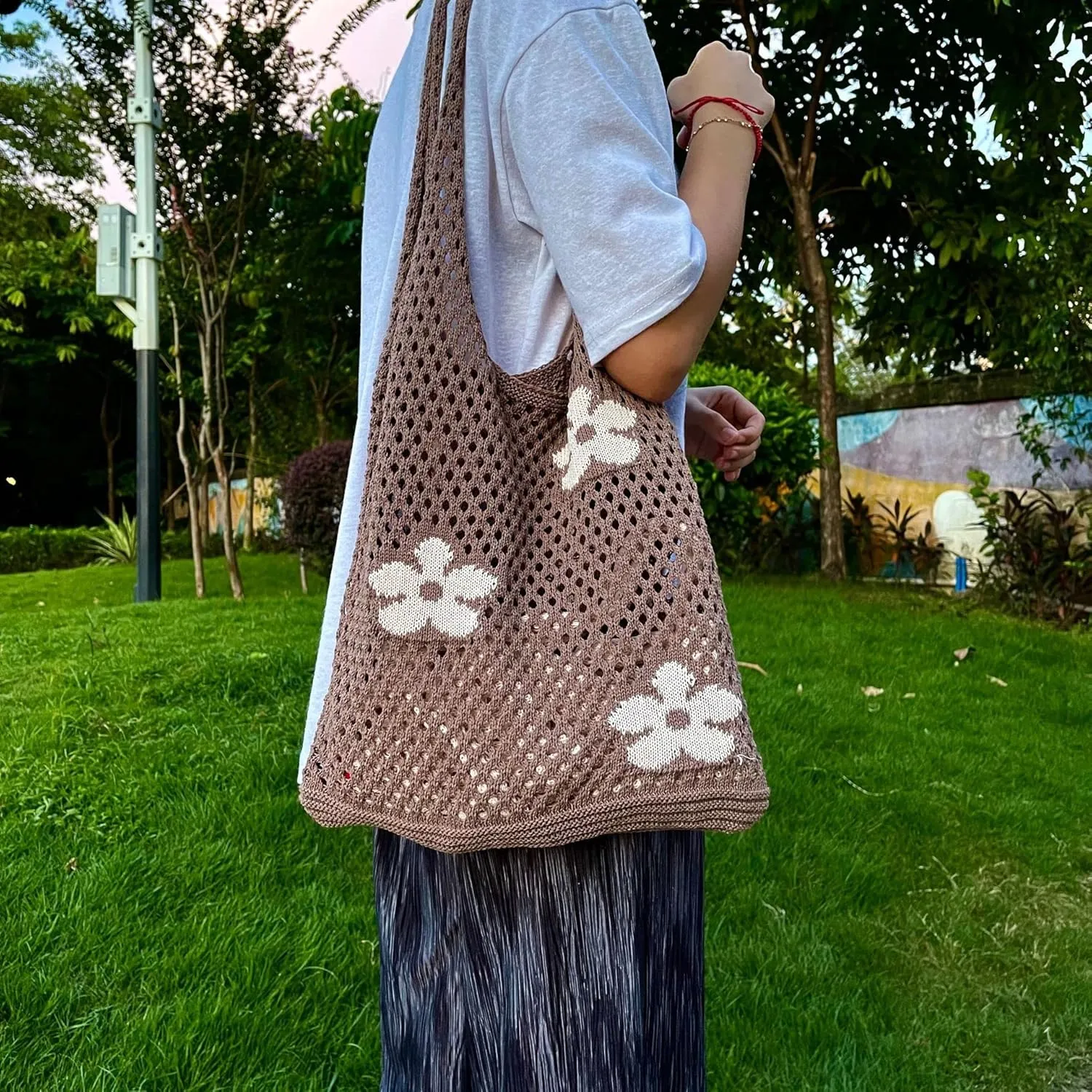 Fairycore Tote Bag Crochet Hobo Bag Y2K Aesthetic Flower Shoulder Bag Fairy Grunge Hollow Out Alt Purse Accessories