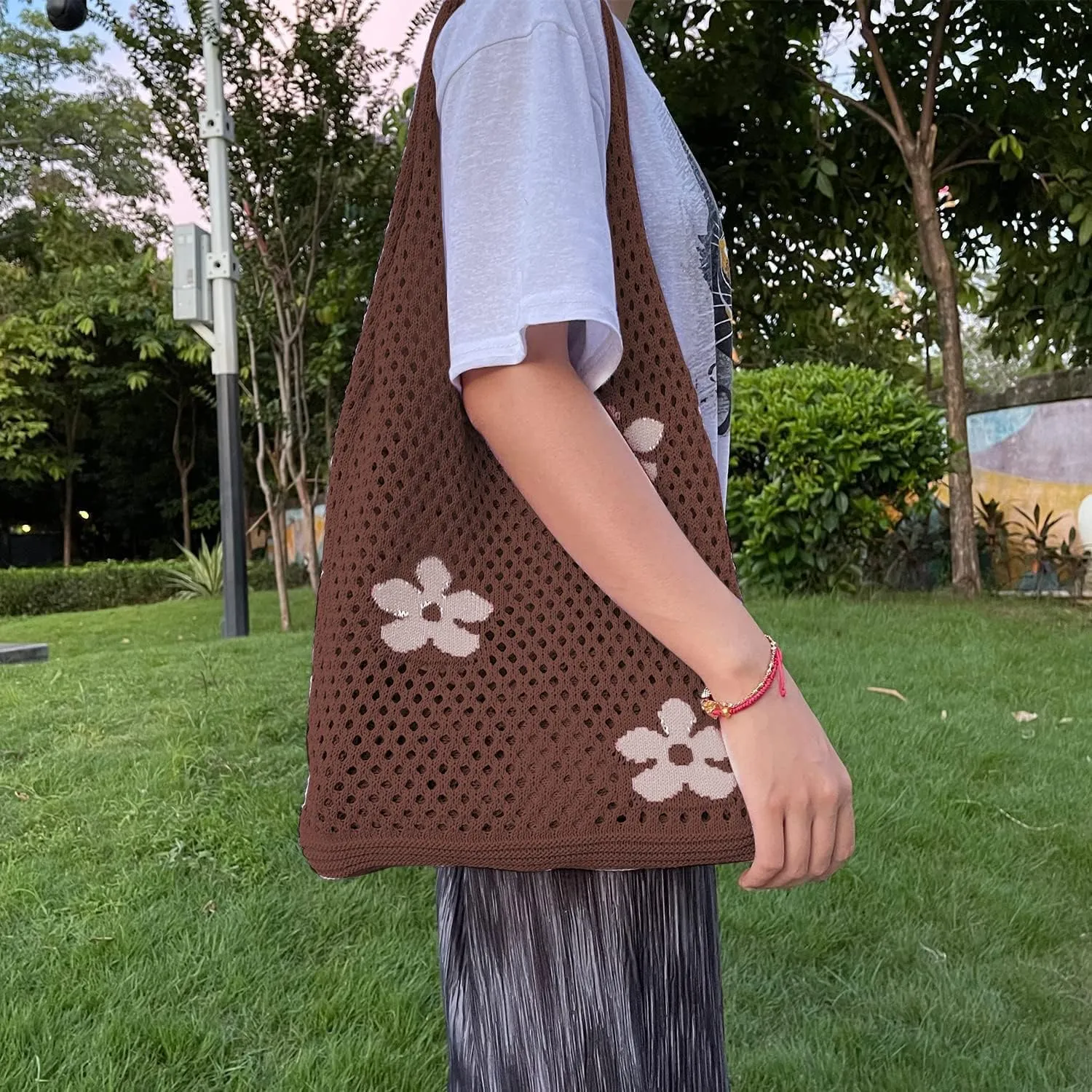 Fairycore Tote Bag Crochet Hobo Bag Y2K Aesthetic Flower Shoulder Bag Fairy Grunge Hollow Out Alt Purse Accessories