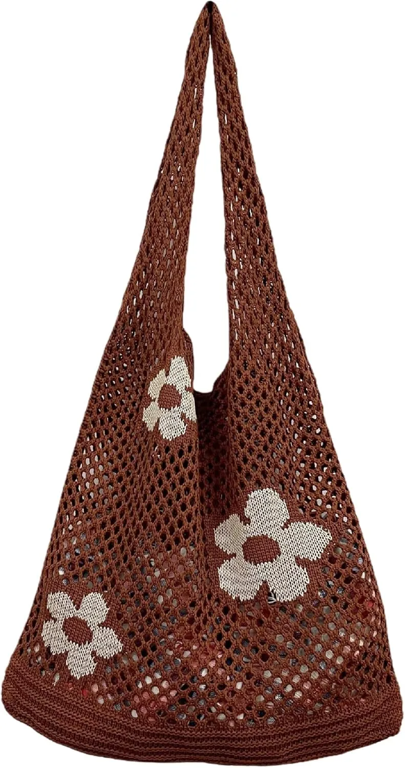 Fairycore Tote Bag Crochet Hobo Bag Y2K Aesthetic Flower Shoulder Bag Fairy Grunge Hollow Out Alt Purse Accessories