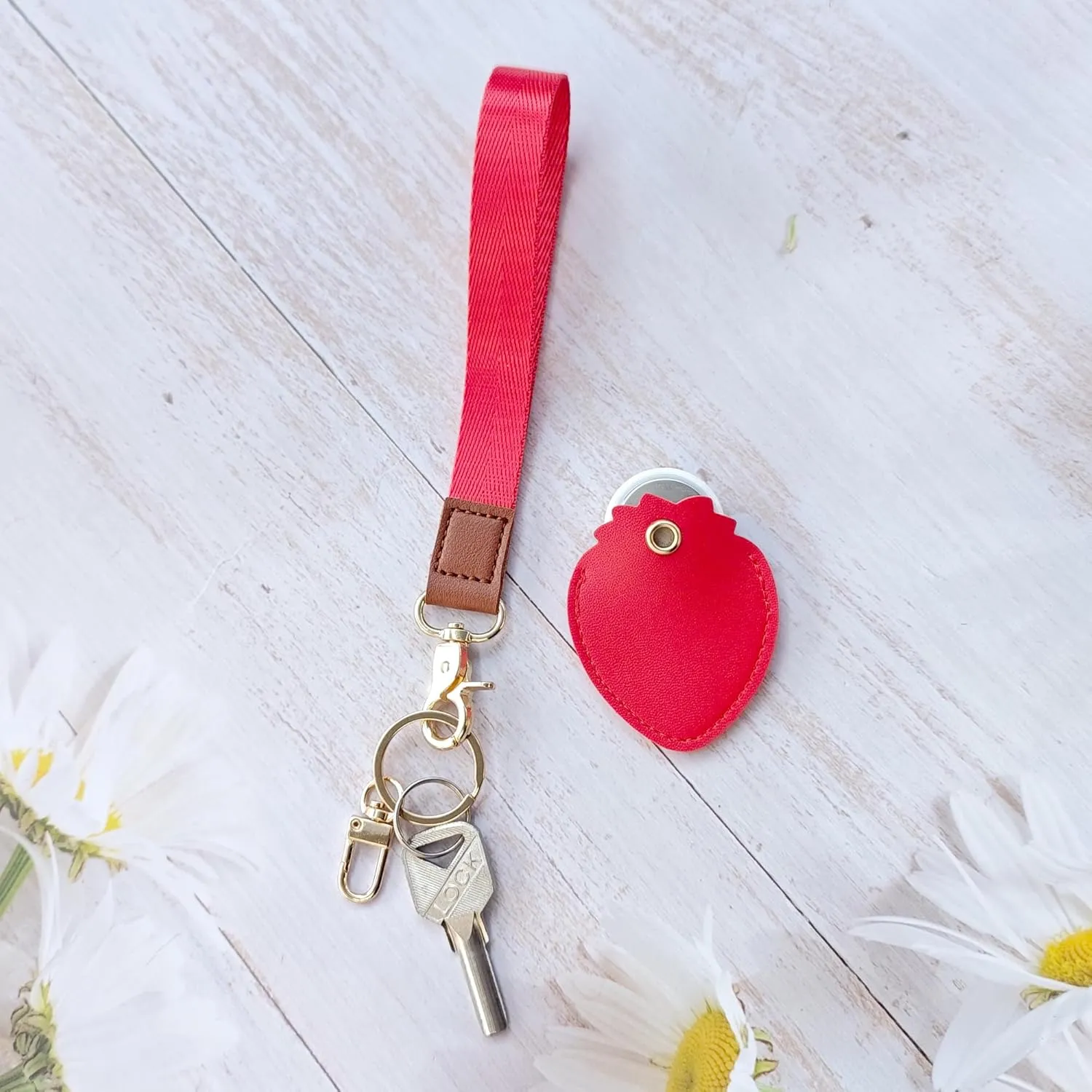 Faux Leather Hidden Airtag Holder,Cute Kawaii Protective Airtag Case Accessories with Wristlet Strap Lanyard Key Chain