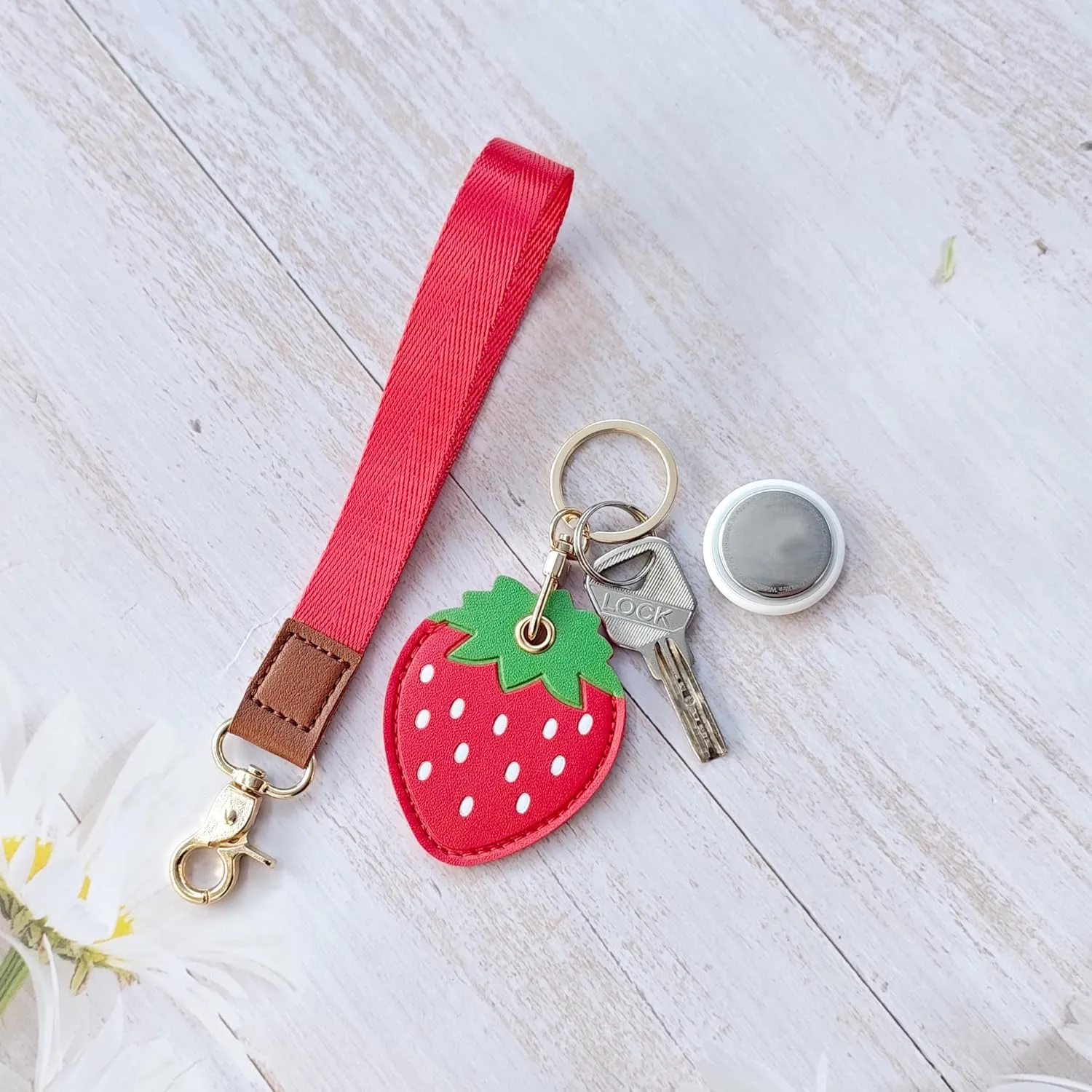 Faux Leather Hidden Airtag Holder,Cute Kawaii Protective Airtag Case Accessories with Wristlet Strap Lanyard Key Chain