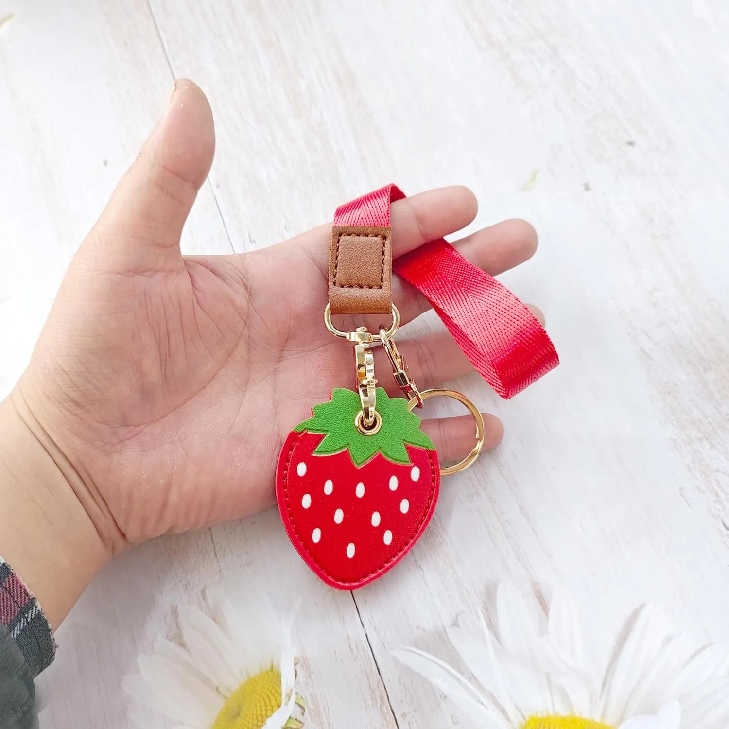 Faux Leather Hidden Airtag Holder,Cute Kawaii Protective Airtag Case Accessories with Wristlet Strap Lanyard Key Chain