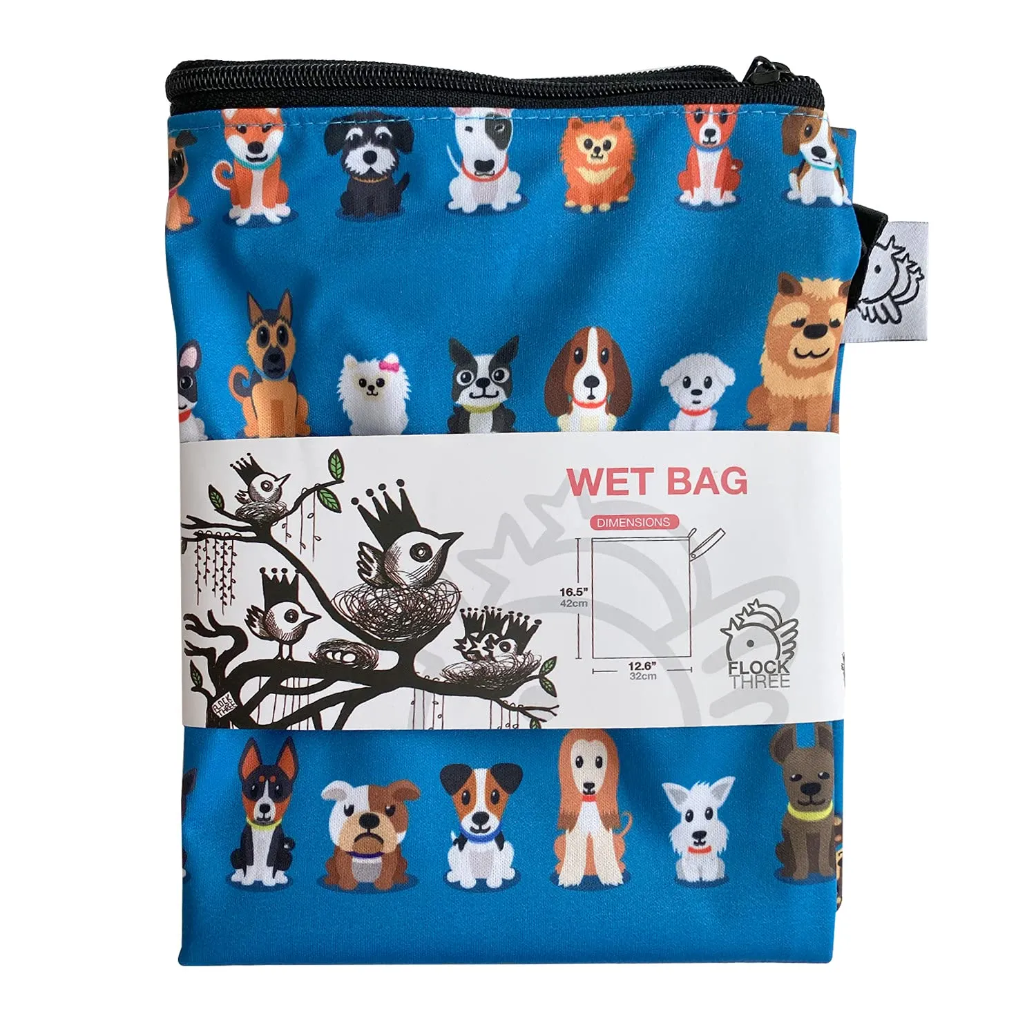FLOCK THREE Washable and Reusable Wet Bag Diaper Bag Water Resistant Swimming Bag Travel Toiletries Pouch Cute Dog Print Zippered 12.6'' x 16.5''