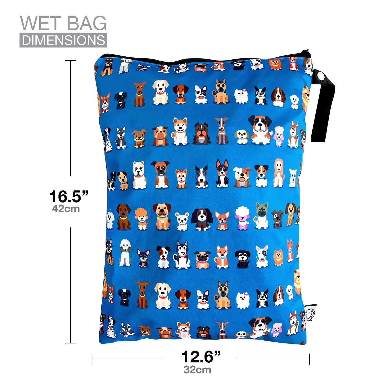 FLOCK THREE Washable and Reusable Wet Bag Diaper Bag Water Resistant Swimming Bag Travel Toiletries Pouch Cute Dog Print Zippered 12.6'' x 16.5''