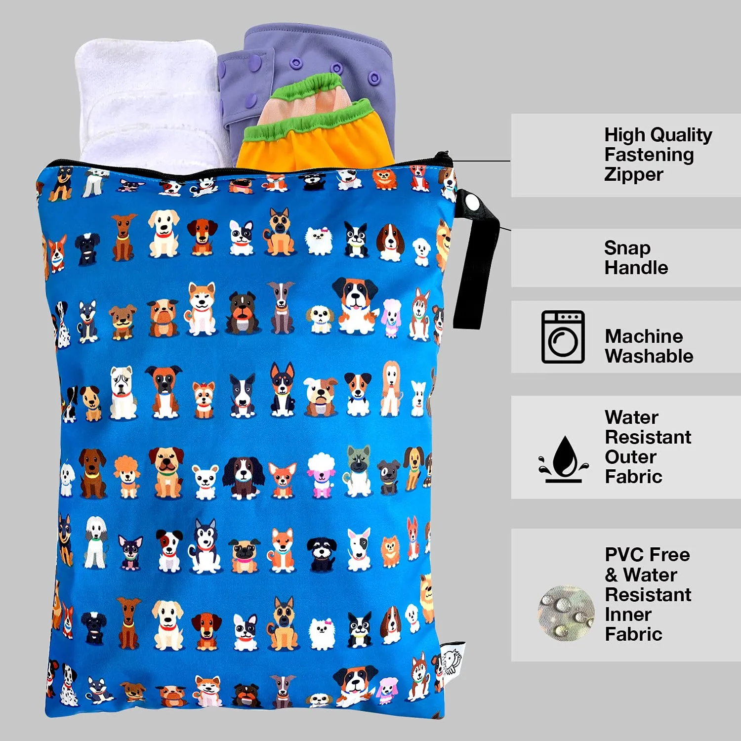 FLOCK THREE Washable and Reusable Wet Bag Diaper Bag Water Resistant Swimming Bag Travel Toiletries Pouch Cute Dog Print Zippered 12.6'' x 16.5''