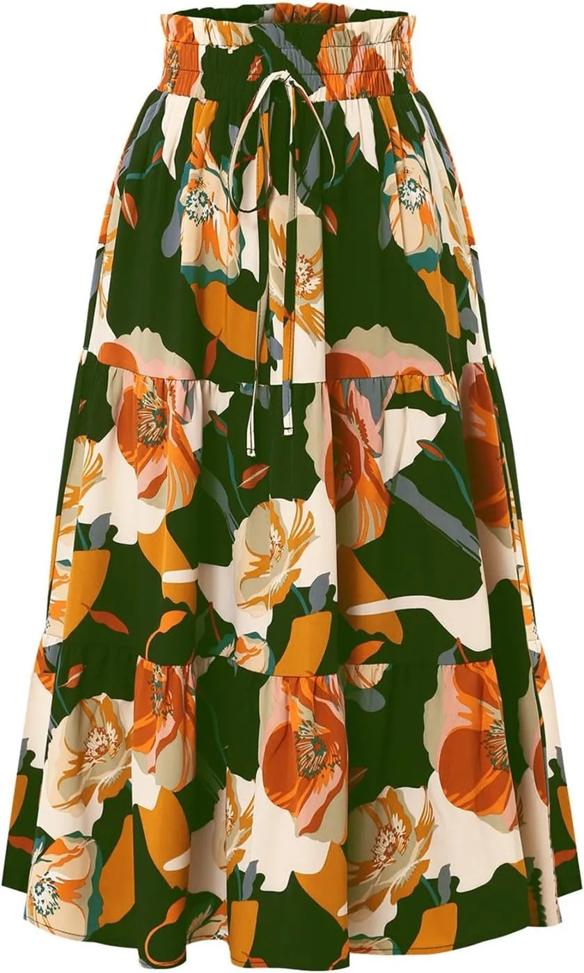 Floral Maxi Skirts for Women Maxi Spring Flowy Boho Comfy Tiered Western Skirt Boho