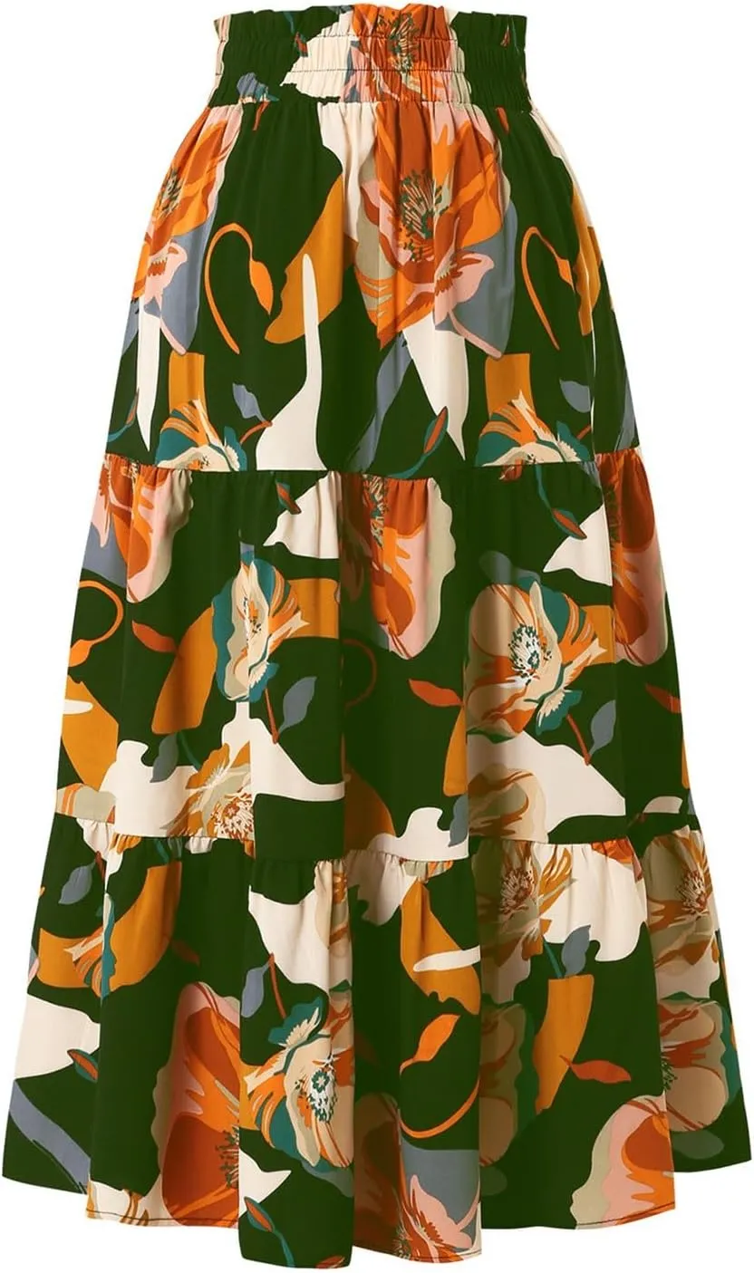 Floral Maxi Skirts for Women Maxi Spring Flowy Boho Comfy Tiered Western Skirt Boho