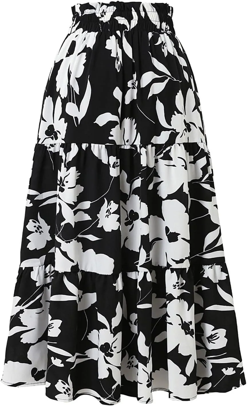 Floral Midi Skirts for Women Drawstring Waist Ruffle Hem Tiered Flowy Long Skirt A Line Boho Pleated Floral Skirt