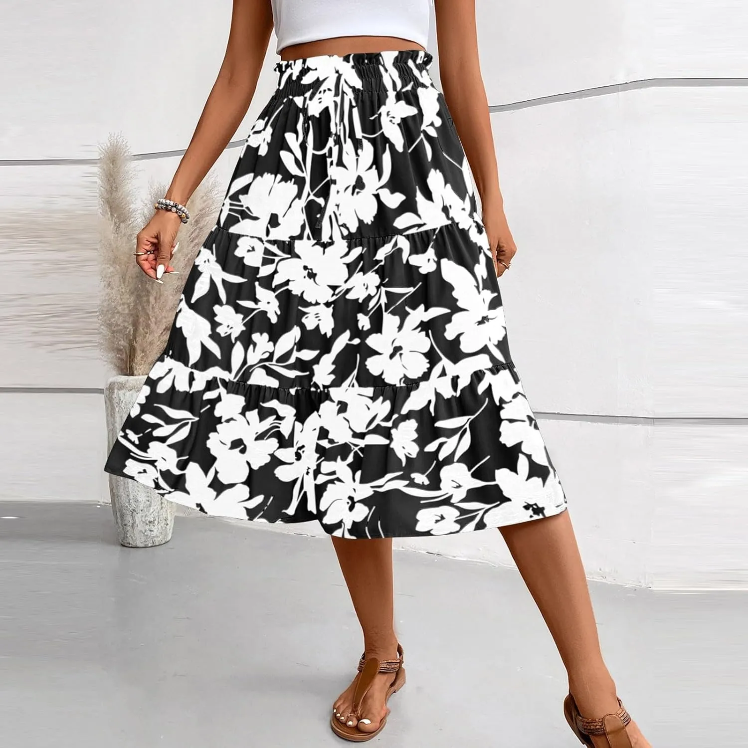 Floral Midi Skirts for Women Drawstring Waist Ruffle Hem Tiered Flowy Long Skirt A Line Boho Pleated Floral Skirt