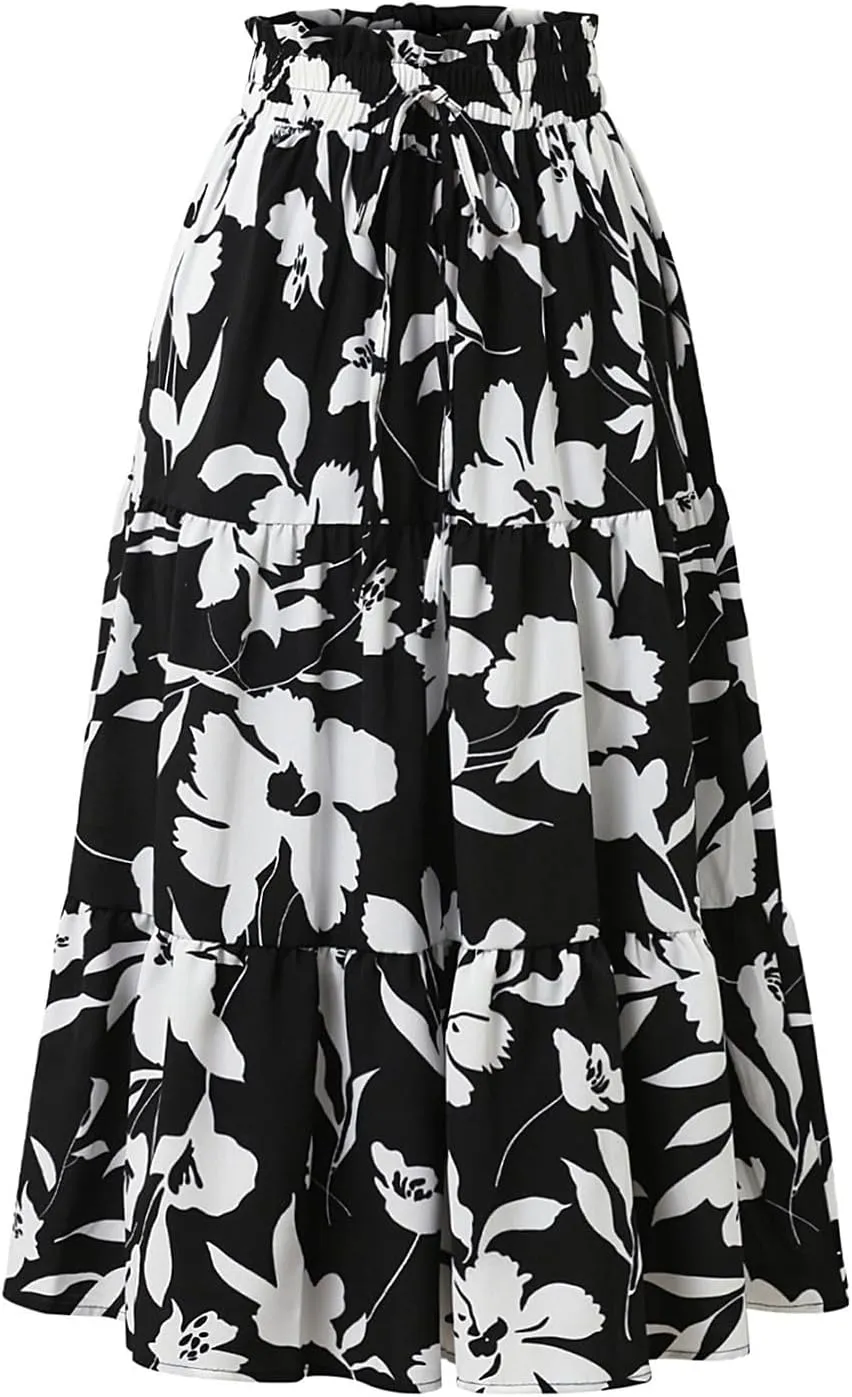 Floral Midi Skirts for Women Drawstring Waist Ruffle Hem Tiered Flowy Long Skirt A Line Boho Pleated Floral Skirt