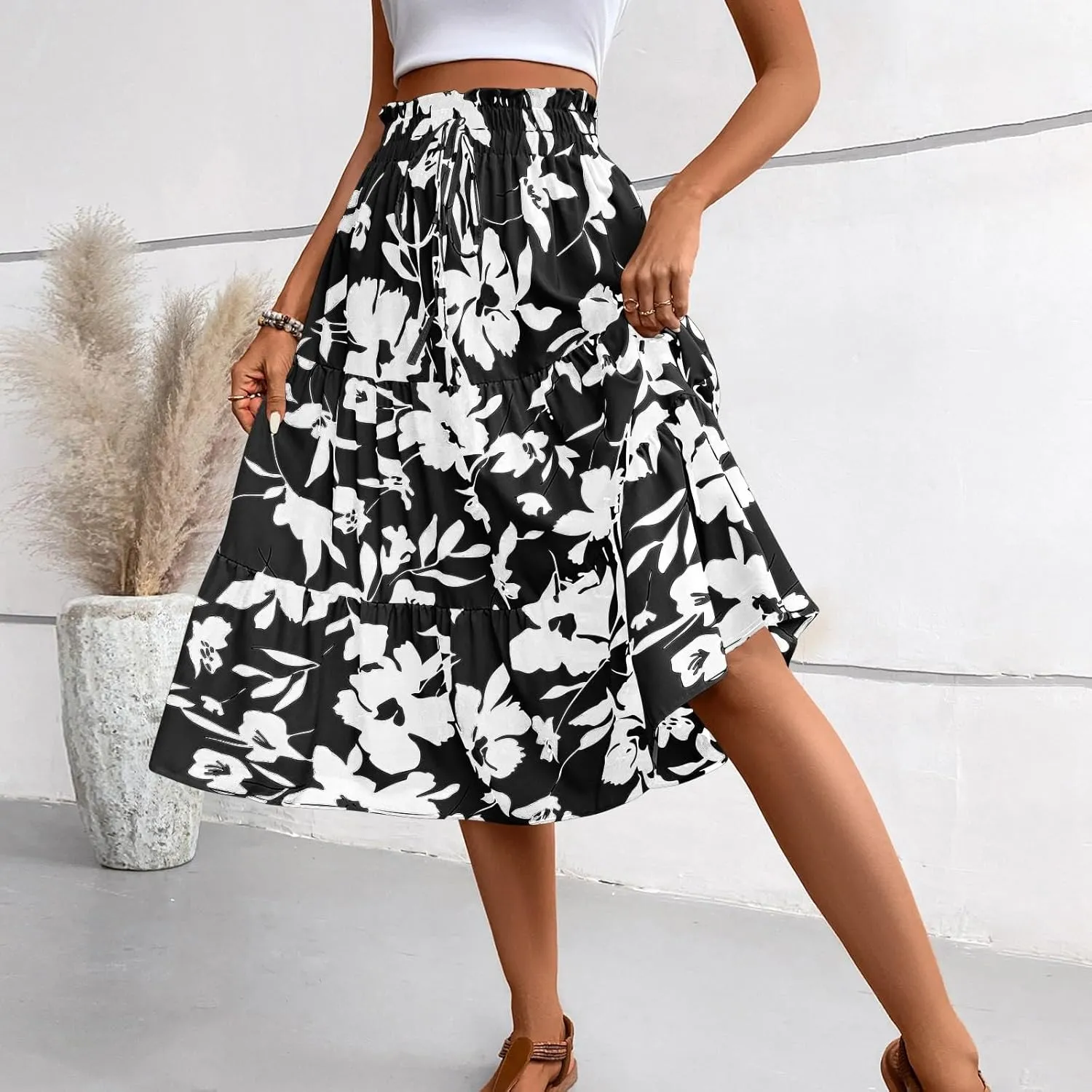 Floral Midi Skirts for Women Drawstring Waist Ruffle Hem Tiered Flowy Long Skirt A Line Boho Pleated Floral Skirt