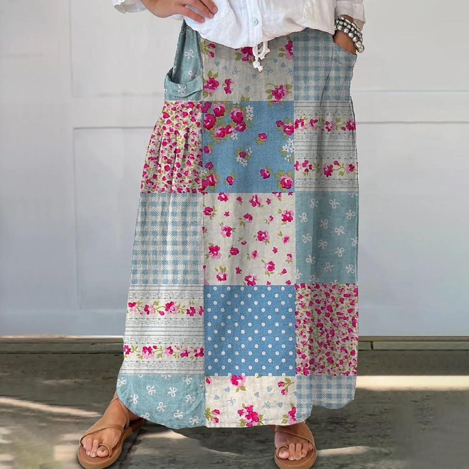Flowy Long Maxi Skirts for Women Boho Floral Elastic High Waisted Tiered Pleated Summer Casual Beach Skirt